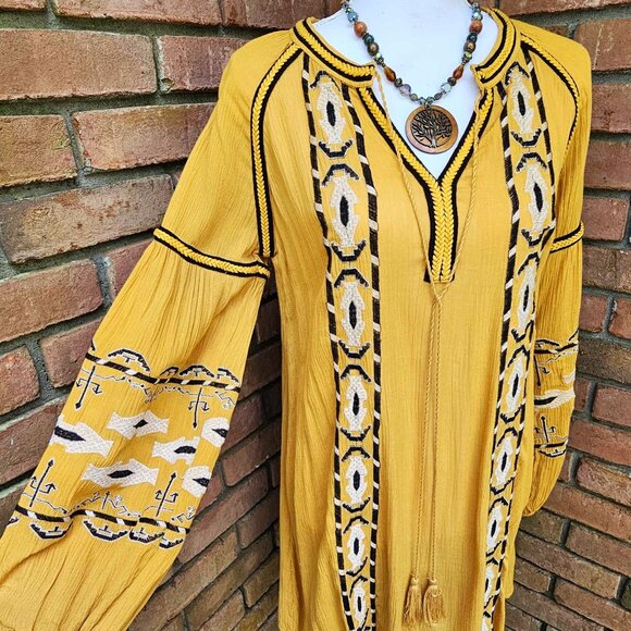 COPY - Dress. Mustard Yellow. Black & White Embroidery. Blu Pepper Brand. - Picture 3 of 13